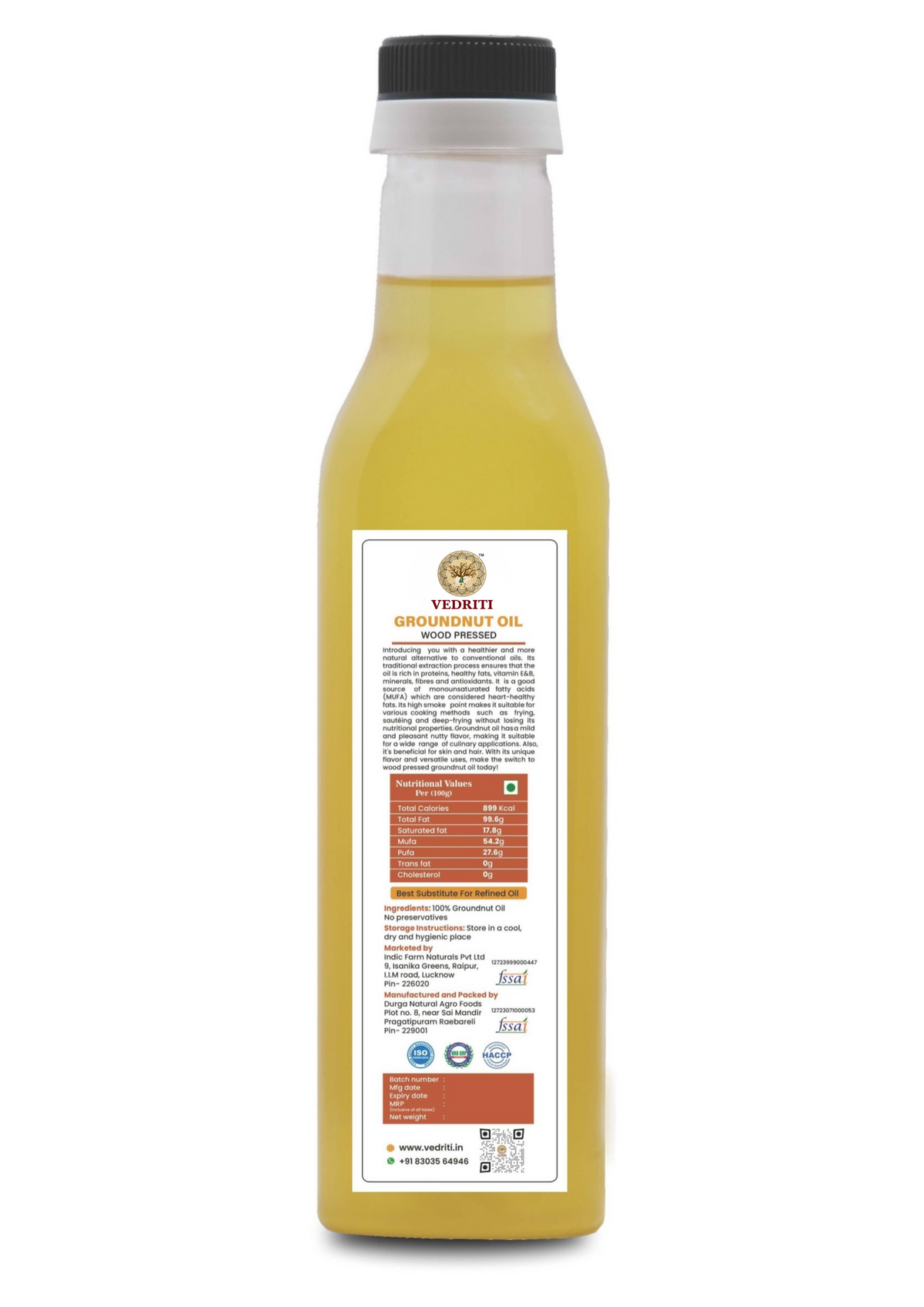 Vedriti wood-pressed groundnut oil bottle back view