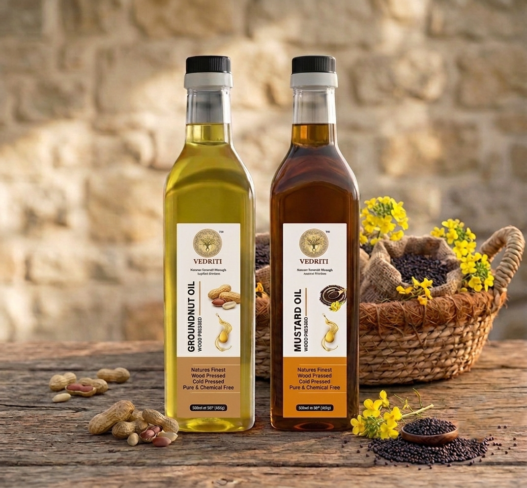 Vedriti Wood Pressed Black Mustard Oil & Groundnut Oil Combo Pack - 1L + 1L