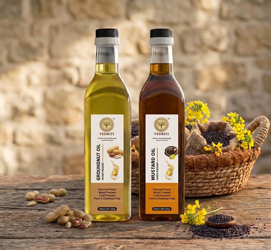 Vedriti Wood Pressed Black Mustard Oil & Groundnut Oil Combo Pack - 1L + 1L