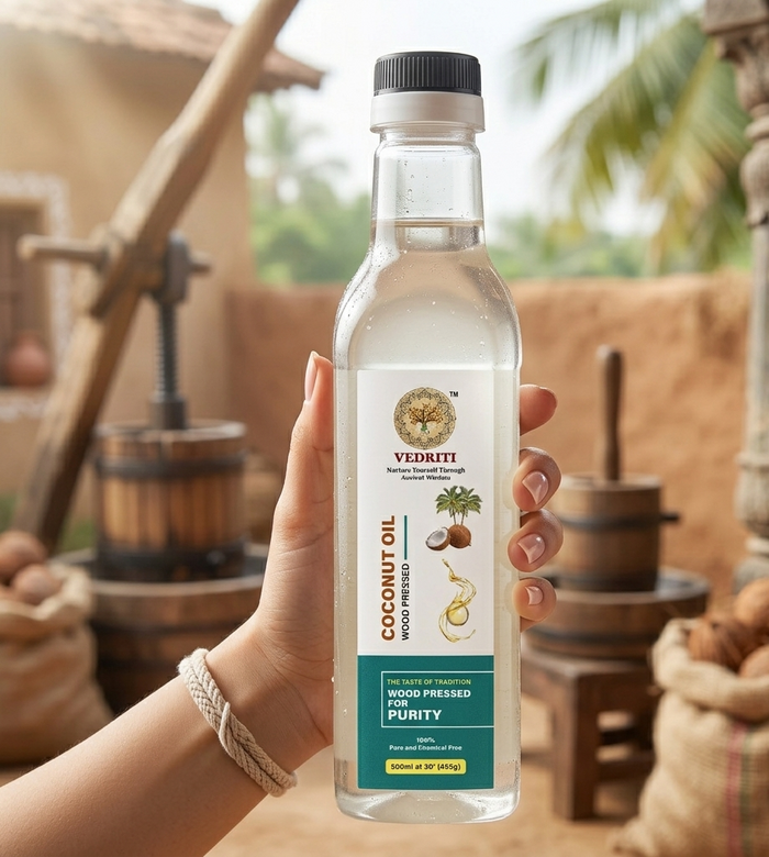 Vedriti Wood-Pressed Coconut Oil bottle, 1 litre