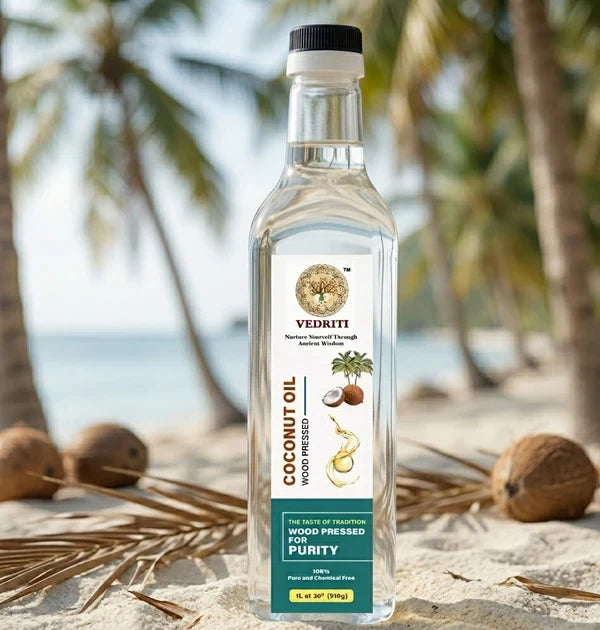 Vedriti Wood-Pressed Coconut Oil bottle close-up