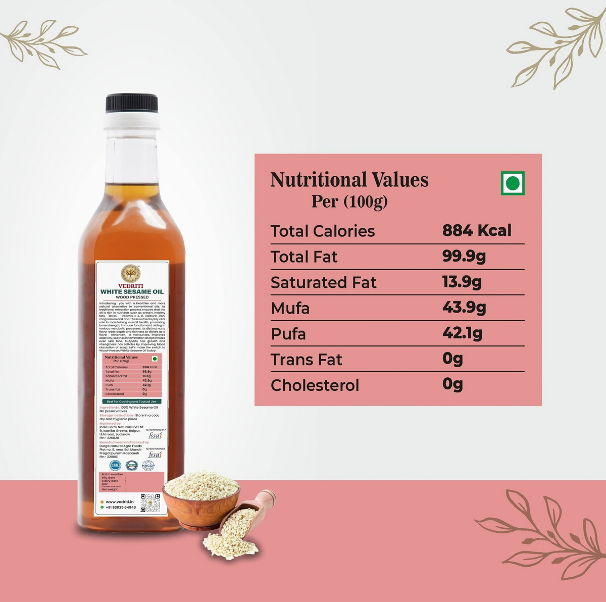 Vedriti Wood Pressed White Sesame Oil product information