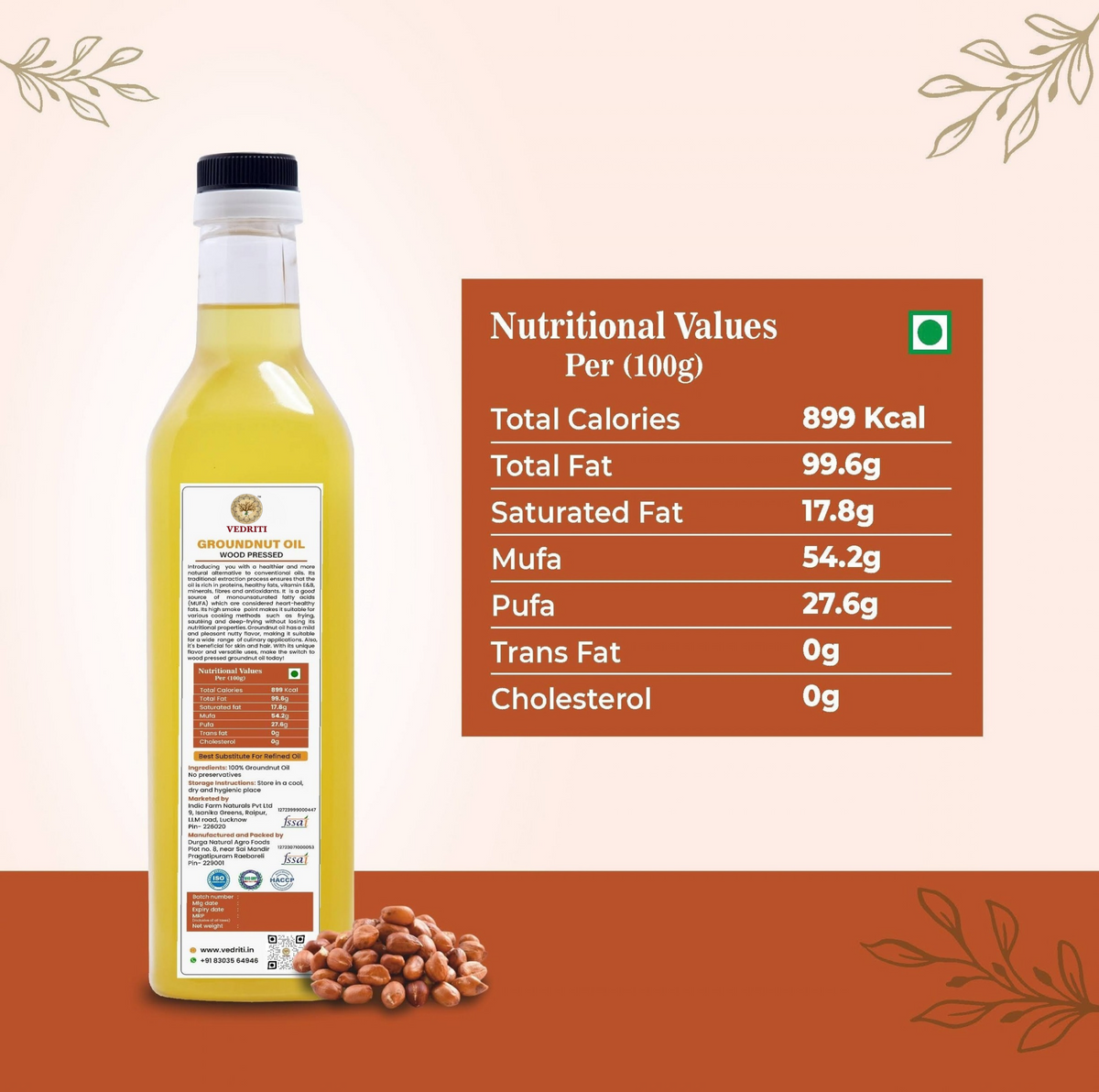 Vedriti Wood Pressed Groundnut Oil nutrition and product information
