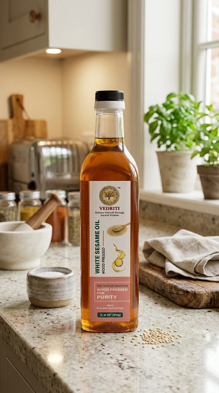 Vedriti Wood Pressed White Sesame Oil bottle in a kitchen setting