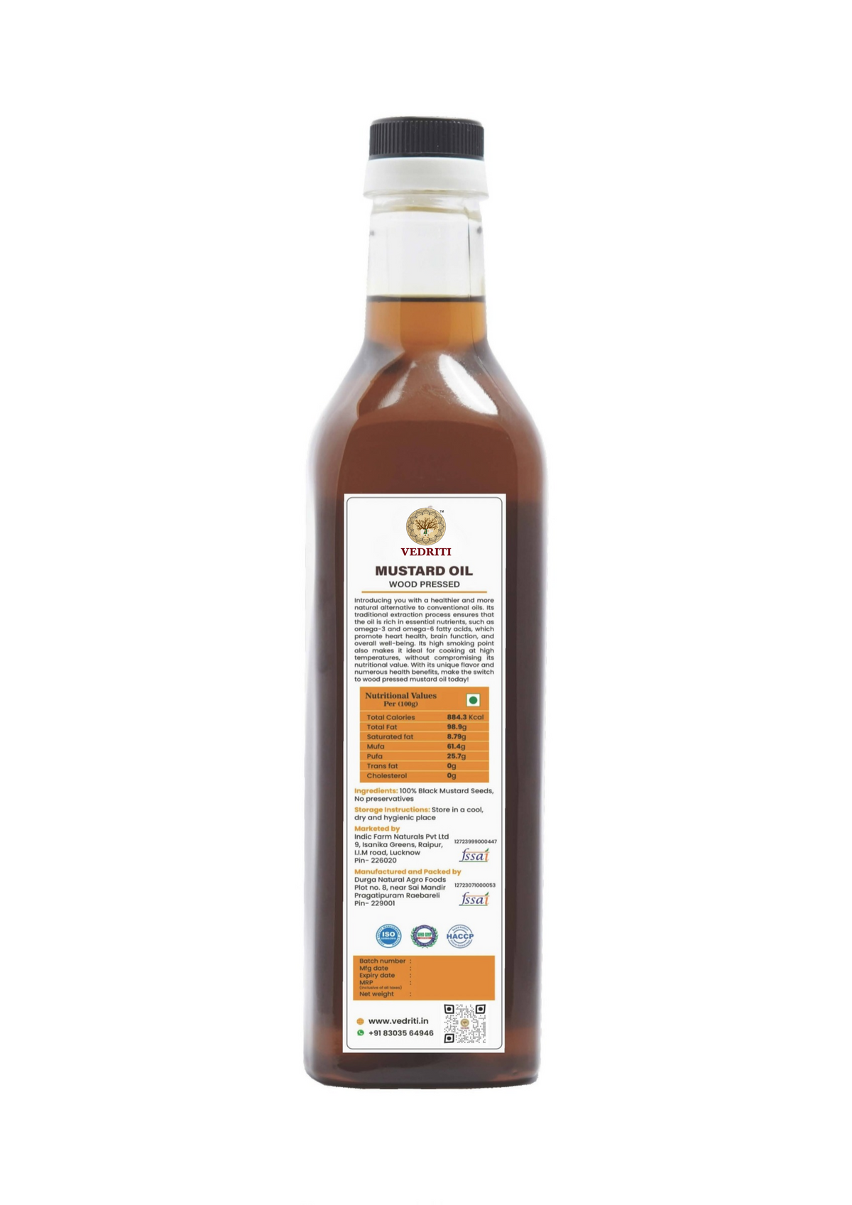 Vedriti Wood Pressed Black Mustard Oil bottle back view