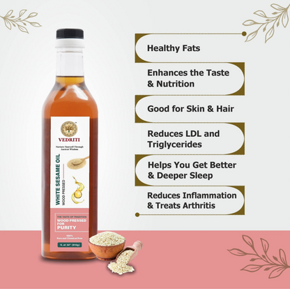 Vedriti Wood Pressed White Sesame Oil bottle front view
