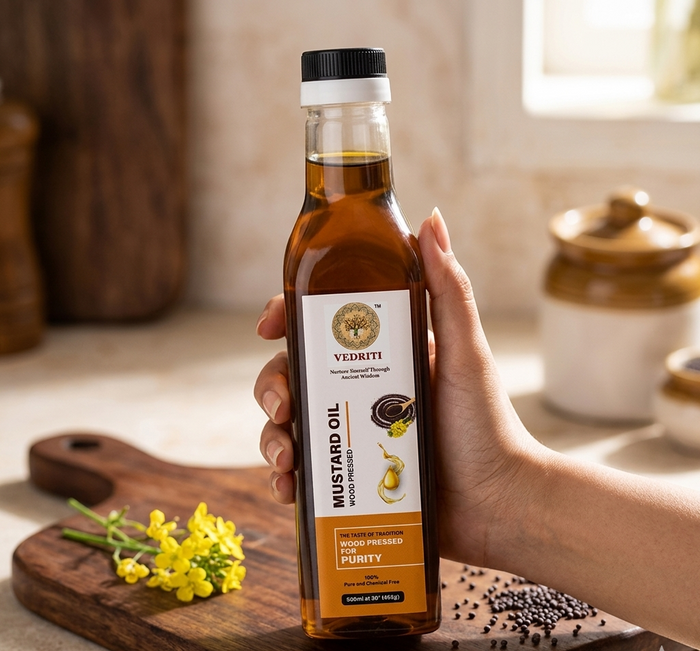 Vedriti wood-pressed black mustard oil bottle