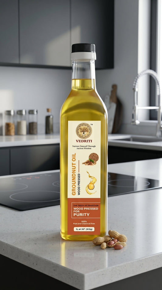 Vedriti Wood Pressed Groundnut Oil bottle in a modern kitchen setting