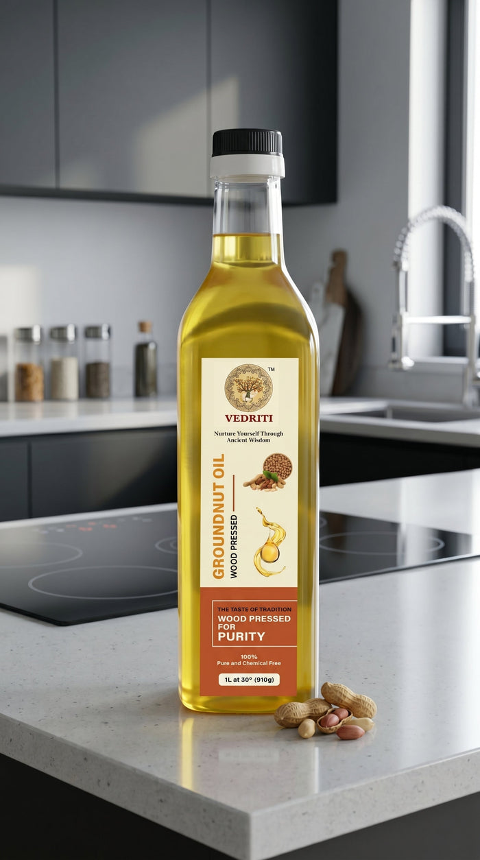 Vedriti Wood Pressed Groundnut Oil bottle in a modern kitchen setting