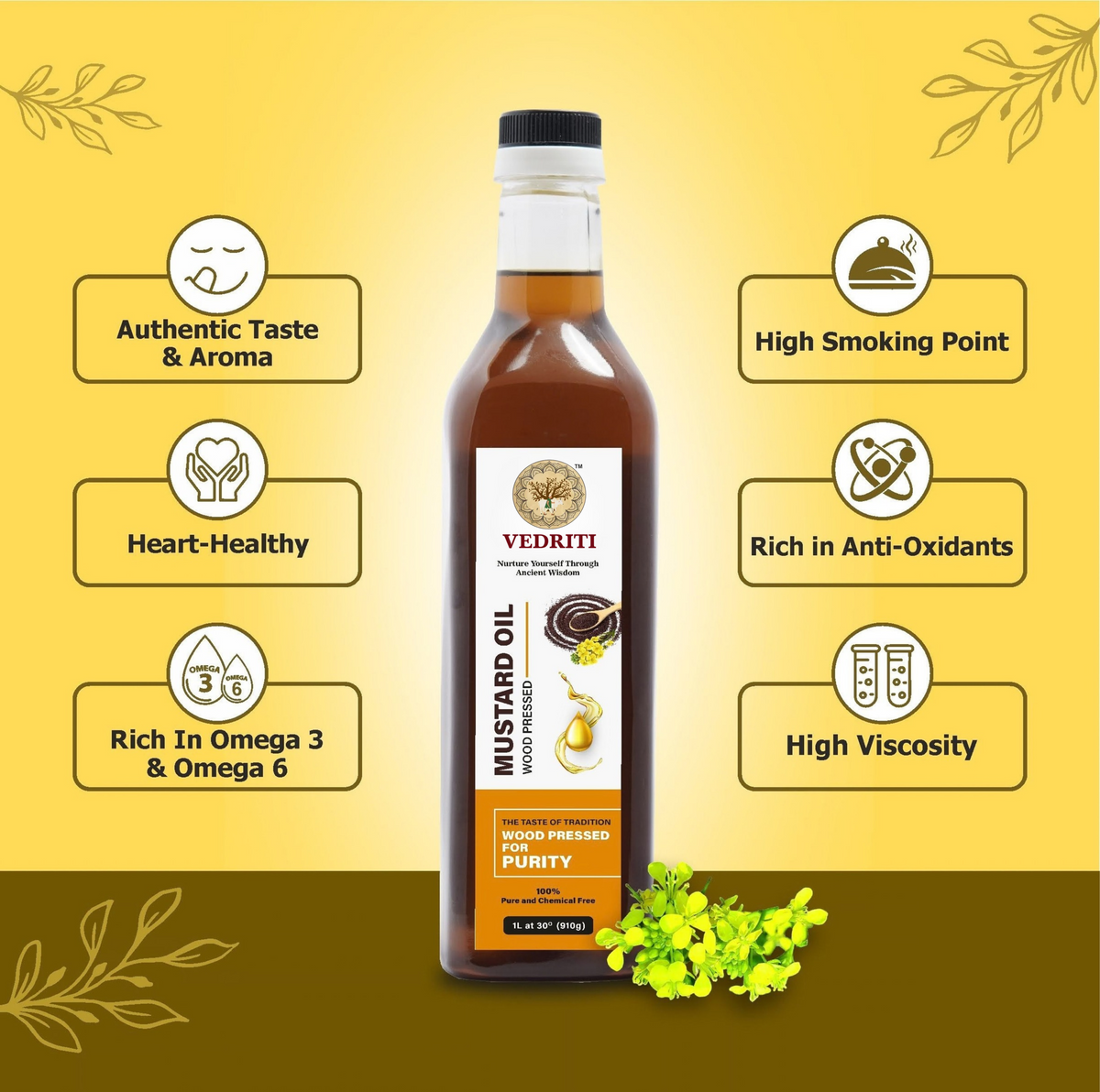 Vedriti Wood Pressed Black Mustard Oil bottle with product features